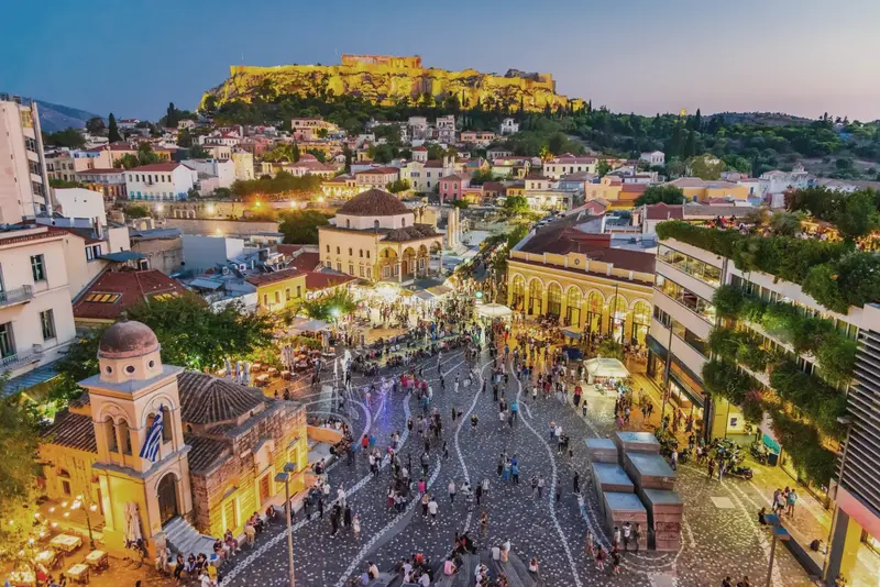 Monastiraki Square in Athens with Acropolis view at sunset
